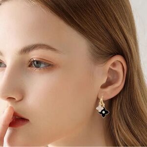 New! Gold Tone Four Leaf Clover Black & Rhinestones Dangle Earrings